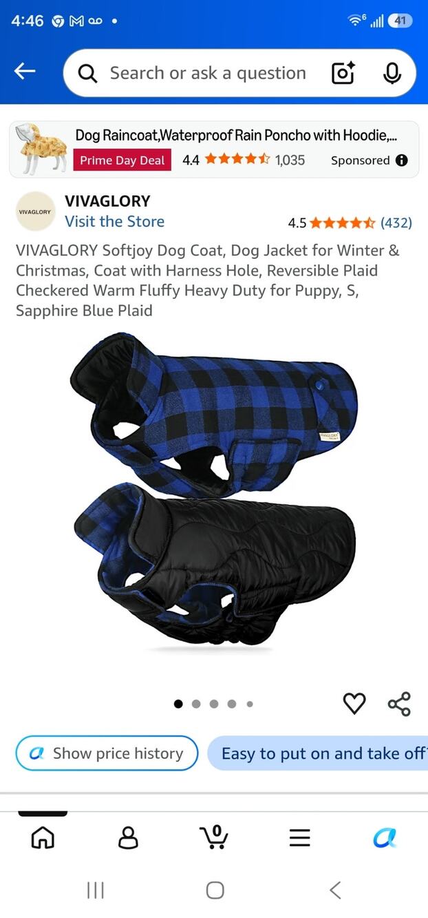 VIVAGLORY Softjoy Dog Coa Harness Hole Reversible Plaid Checkered Puppy S Blue